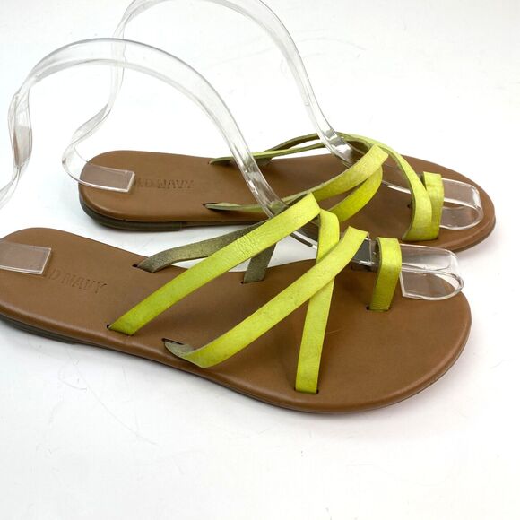 Old Navy Green Leather Strappy Thongs Flip Flop Sandals Size 7 Slip On Peasant - Picture 2 of 5